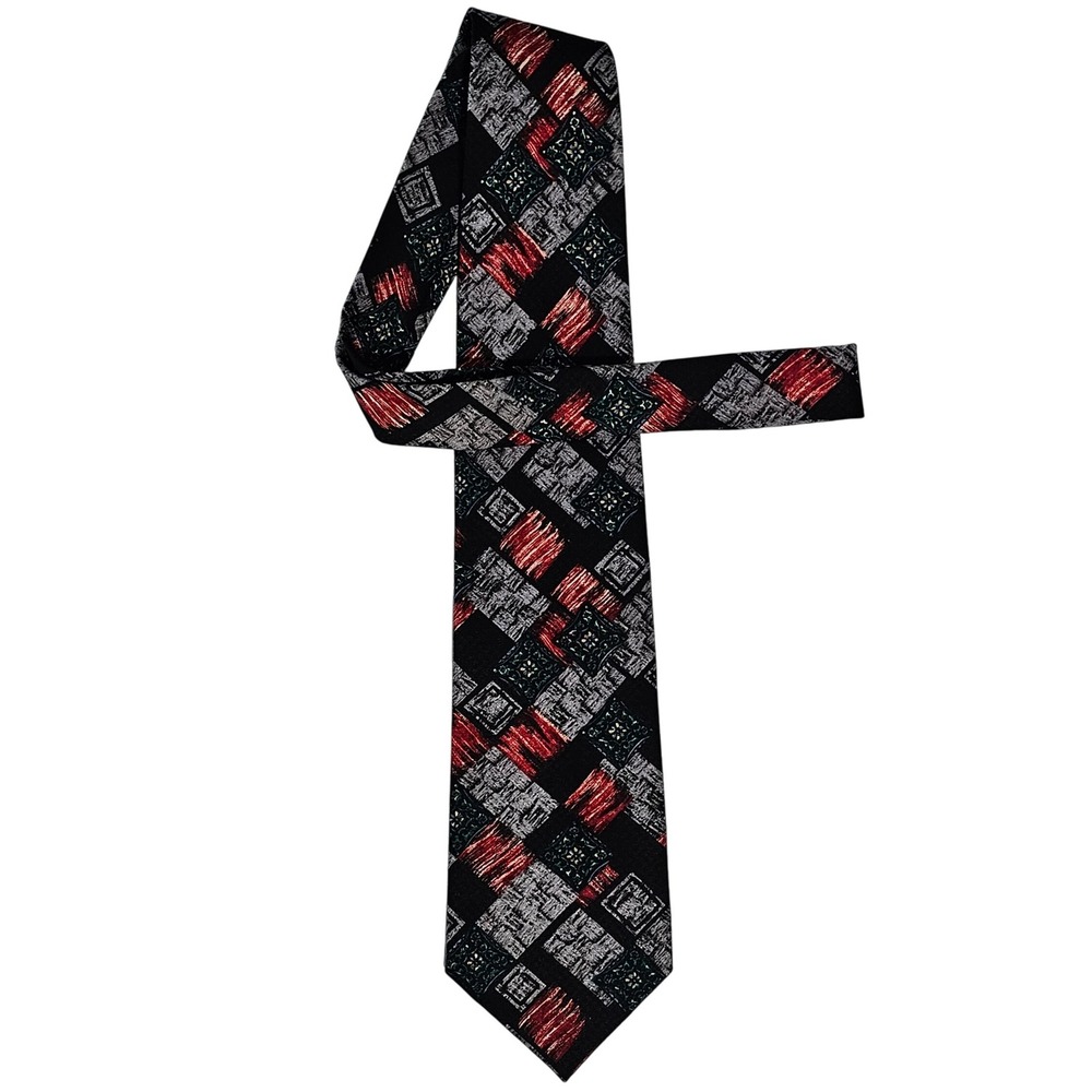 Oscar de la Renta Studio Tie Necktie Black Red Gray Geometric Pattern